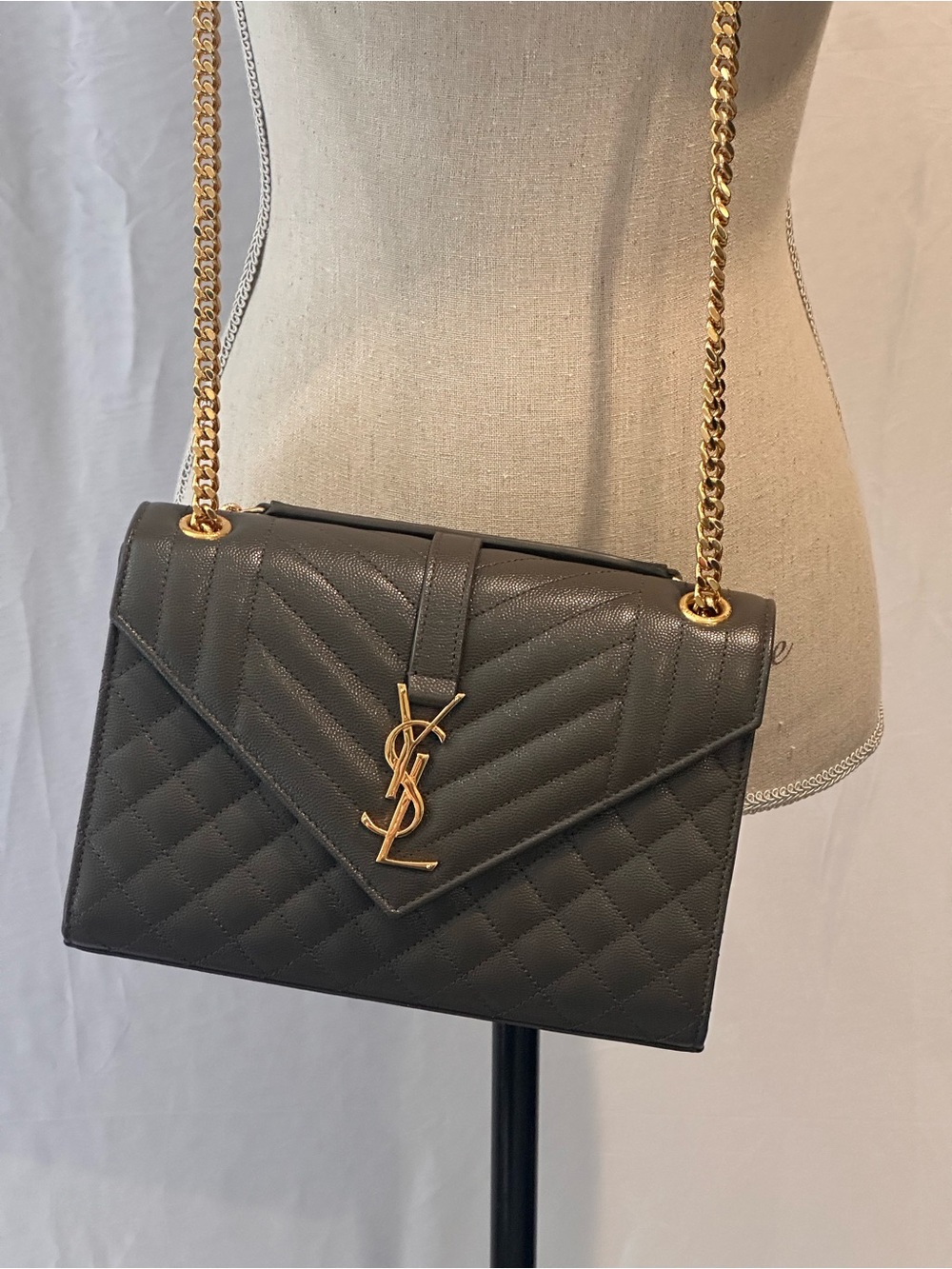 Saint Laurent Quilted Leather Shoulder Bag in Charcoal with Gold Hardware